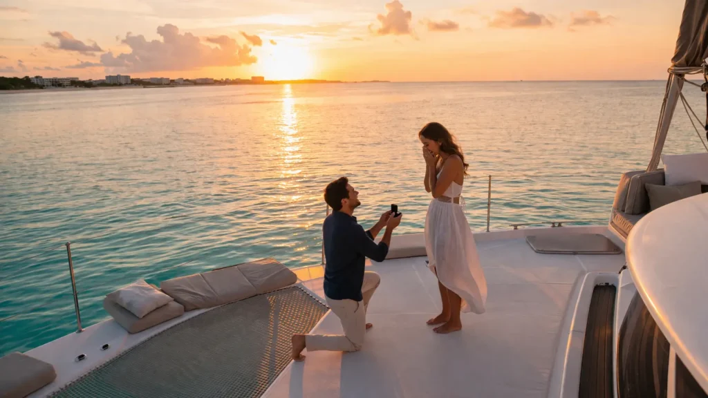 Best places to propose in Cancun captured during a romantic sunset catamaran proposal on calm Caribbean waters.