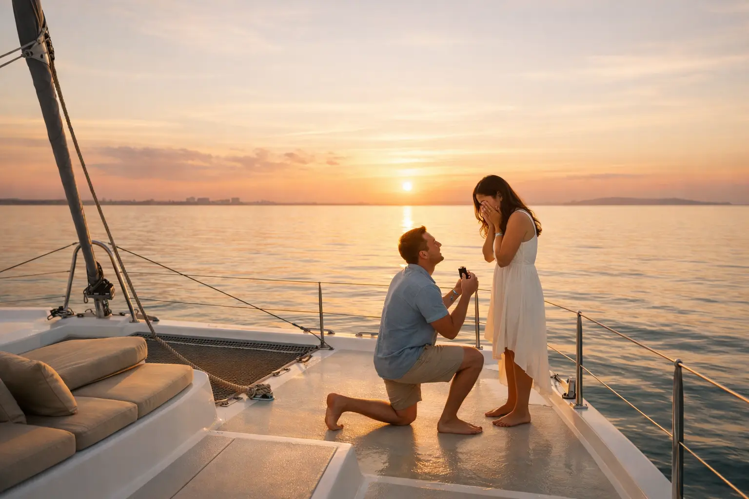 Best places to propose in Cancun captured during a romantic sunset catamaran proposal on calm Caribbean waters