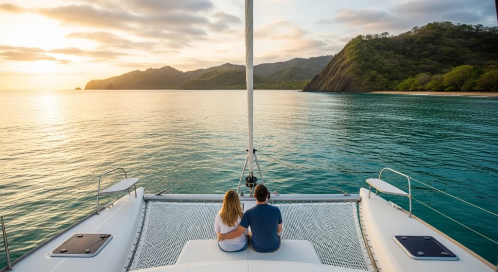 Couple enjoying a sunset date cruise Costa Rica on a catamaran with calm turquoise waters and scenic coastline in the background