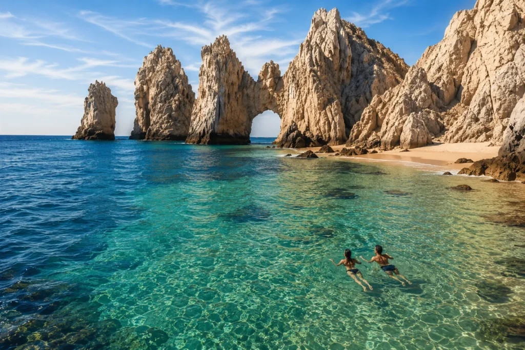 Cabo beach with crystal-clear turquoise water, dramatic rock formations, a sandy shoreline, and two people swimming near the coast.