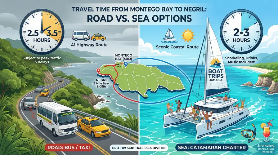 Travel Time from Montego Bay to Negril Road vs. Sea Options - How Far is Montego Bay from Negril