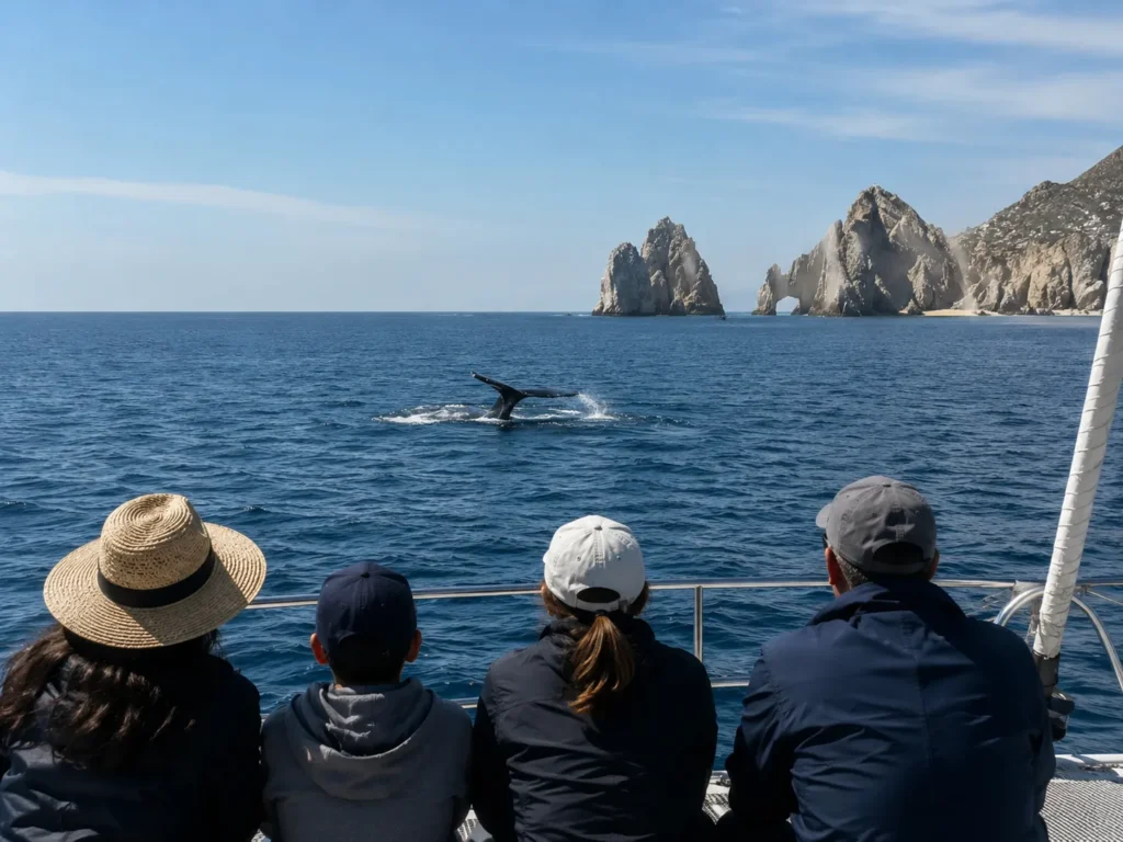 Whale watching in Cabo San Lucas with a family viewed from behind on a catamaran, watching a humpback whale in the deep blue ocean near the rocky coastline.