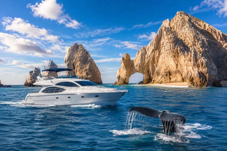 Cabo San Lucas Weather in January with a yacht cruising past the iconic coastal arch and a whale surfacing in the Pacific Ocean.