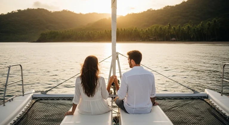 Couple seen from behind holding hands on a private catamaran in Costa Rica during sunset, surrounded by calm ocean waters and a tropical coastline, creating a romantic and intimate anniversary experience.