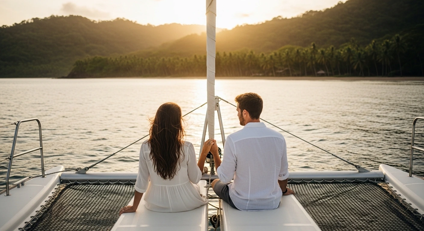 Couple seen from behind holding hands on a private catamaran in Costa Rica during sunset, surrounded by calm ocean waters and a tropical coastline, creating a romantic and intimate anniversary experience.