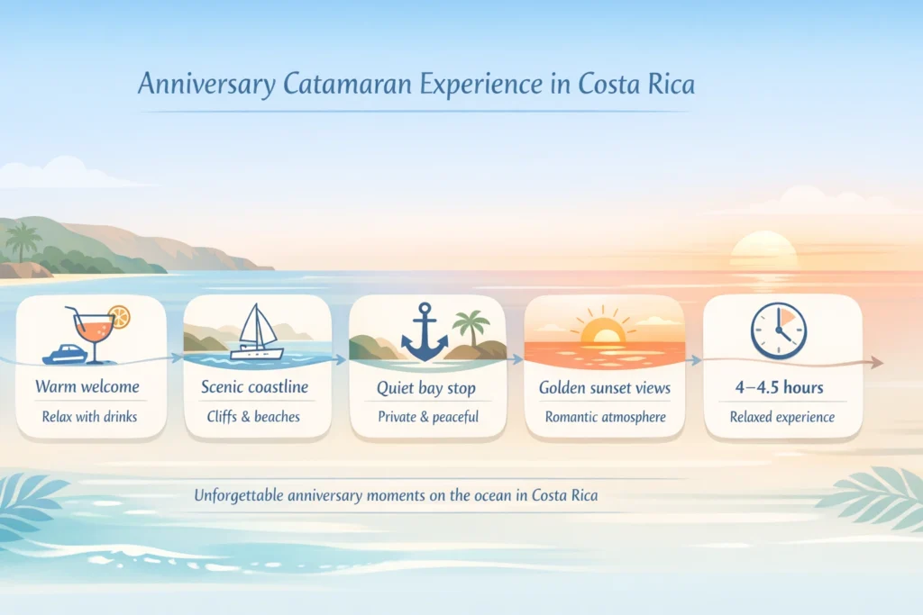 Infographic showing anniversary catamaran experience in Costa Rica including boarding, coastal sailing, secluded bay stop, sunset views, and trip duration
