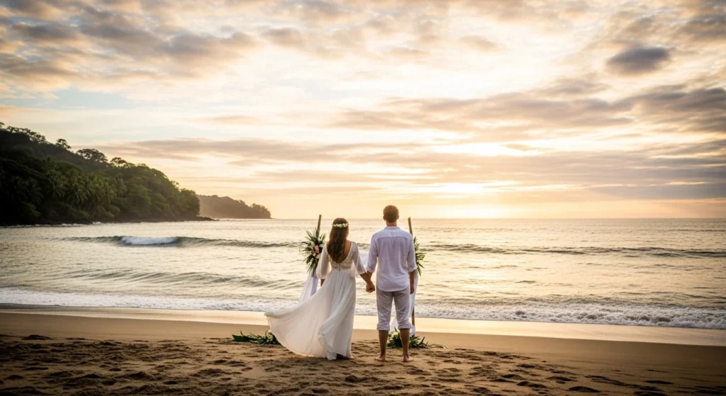 Couple standing together on a Costa Rica beach during sunset in wedding attire, holding hands near a simple ceremony setup with ocean views and a peaceful tropical atmosphere.