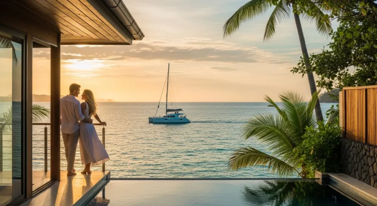 Romantic couple standing on a luxury oceanfront villa terrace in Costa Rica at sunset, overlooking the Pacific Ocean with a catamaran sailing in the distance