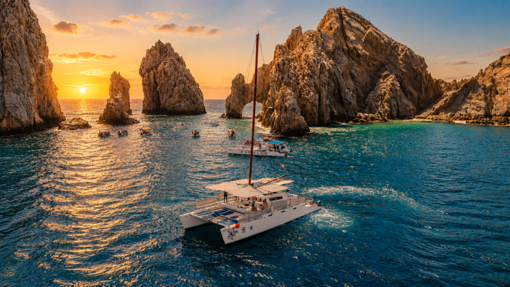 Sunset view of Cabo San Lucas Arch with boats cruising through turquoise waters.