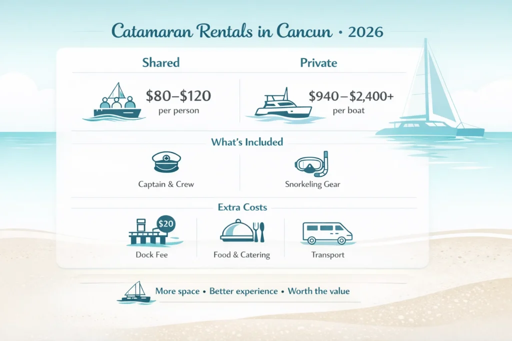 Infographic showing Cancun catamaran rental pricing, inclusions, extra costs, and value comparison for 2026