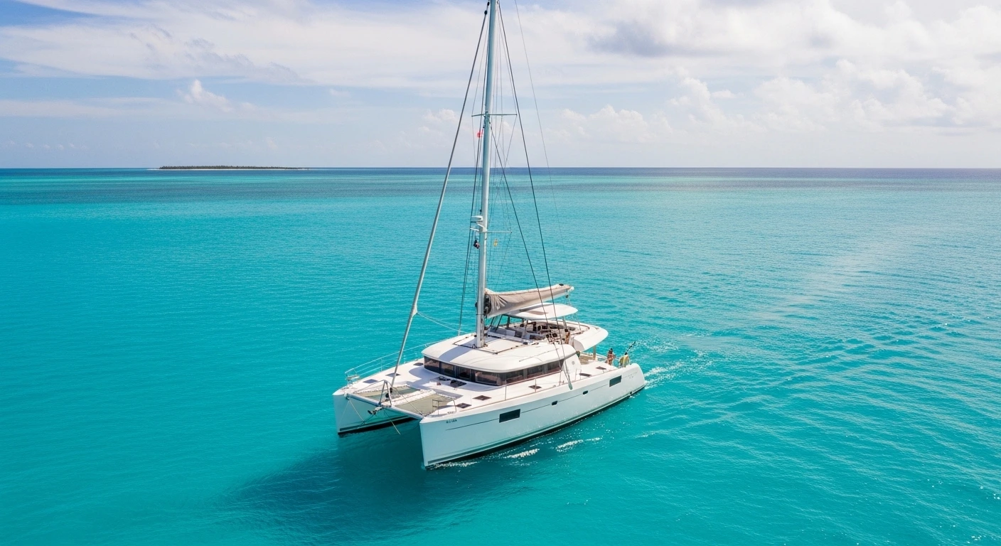 Cancun catamaran rental sailing in clear turquoise water with no people on board