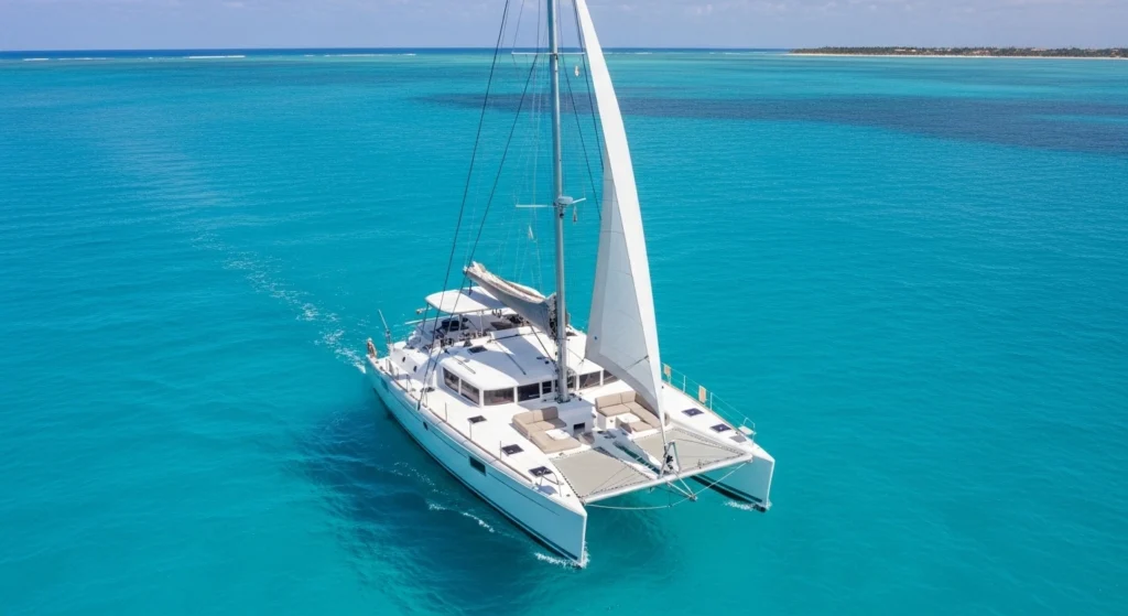 Shared Cancun catamaran tour boat on turquoise ocean with spacious deck and clear skies