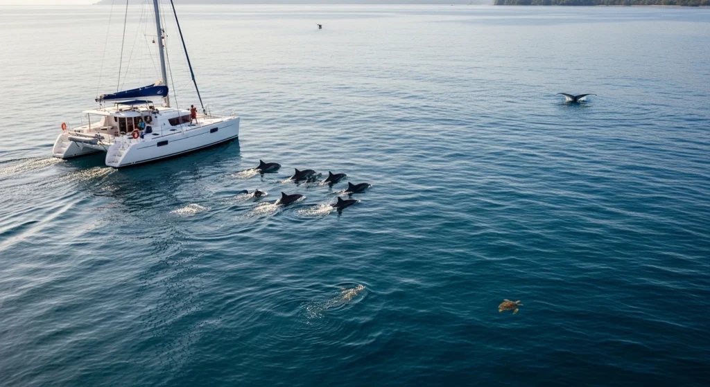 Catamaran cruising in Costa Rica with dolphins swimming nearby and calm ocean waters creating a natural wildlife viewing experience