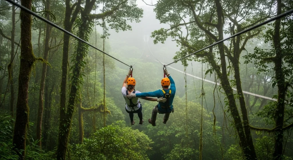 Couple ziplining together through a lush cloud forest in Costa Rica, wearing safety gear and surrounded by dense jungle canopy and mist, capturing a fun and adventurous travel experience for couples.