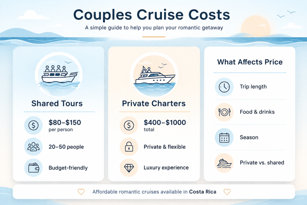 Infographic showing couples cruise costs with shared tours, private charters, and pricing factors in Costa Rica