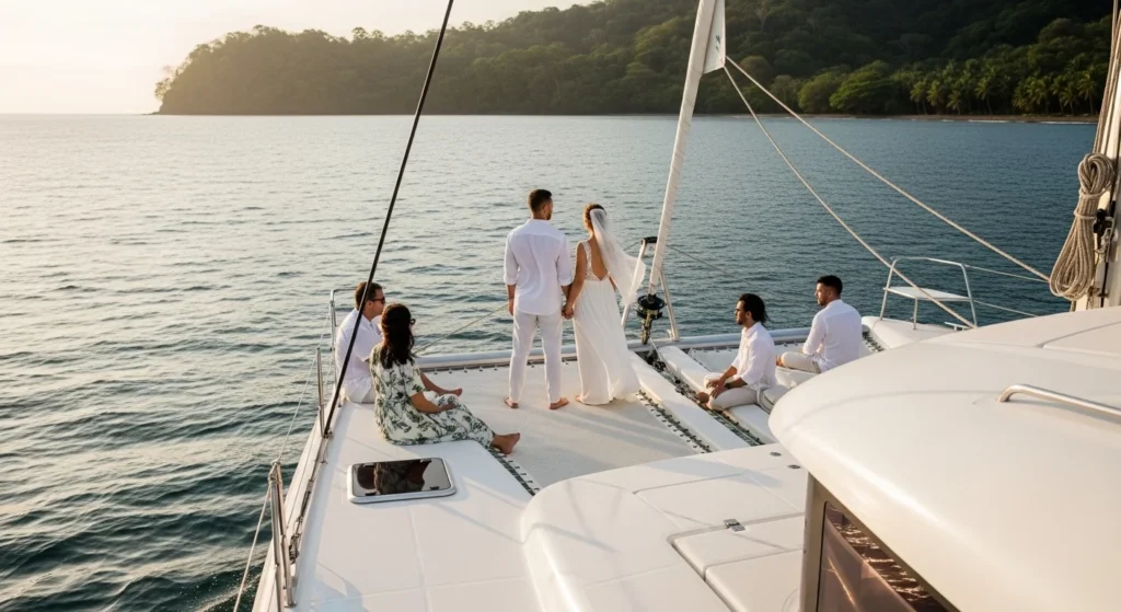 Couple holding hands on a private catamaran wedding in Costa Rica with a small group of family and friends, surrounded by calm ocean views and a tropical coastline at sunset.