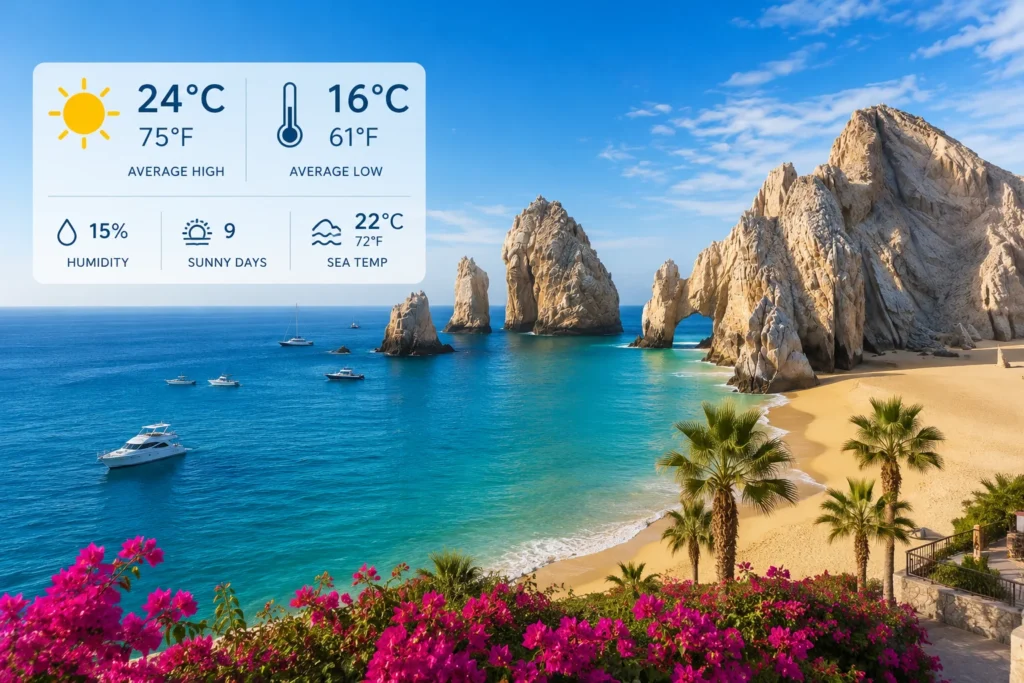 Cabo San Lucas weather in January with sunny skies, warm beach conditions, and average temperature details.