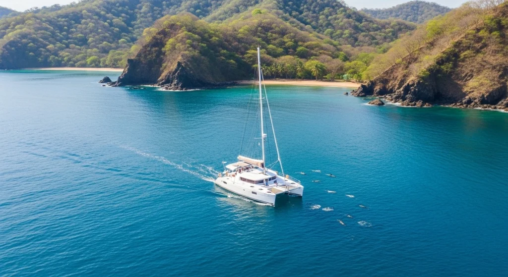 Catamaran sailing along the Papagayo coastline in Costa Rica with calm blue water, lush green hills, and scenic hidden beaches visible in the background