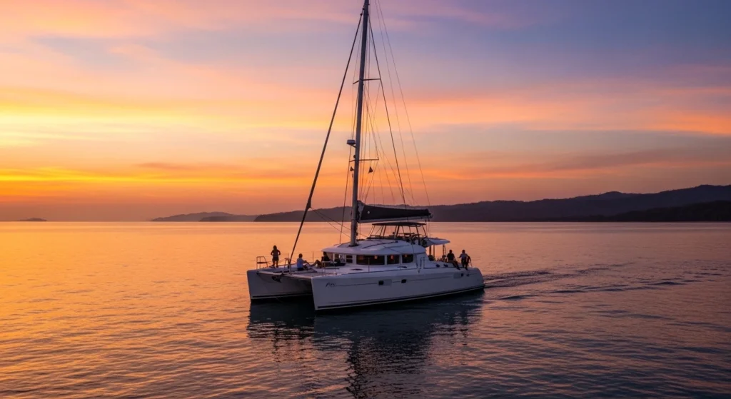 Catamaran sailing at sunset along the Papagayo coast in Costa Rica with calm ocean water reflecting orange and pink sky colors