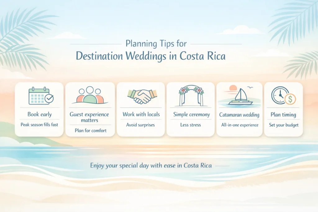 Infographic showing planning tips for destination weddings in Costa Rica including booking early, guest planning, local vendors, simple ceremony, catamaran wedding, and budget