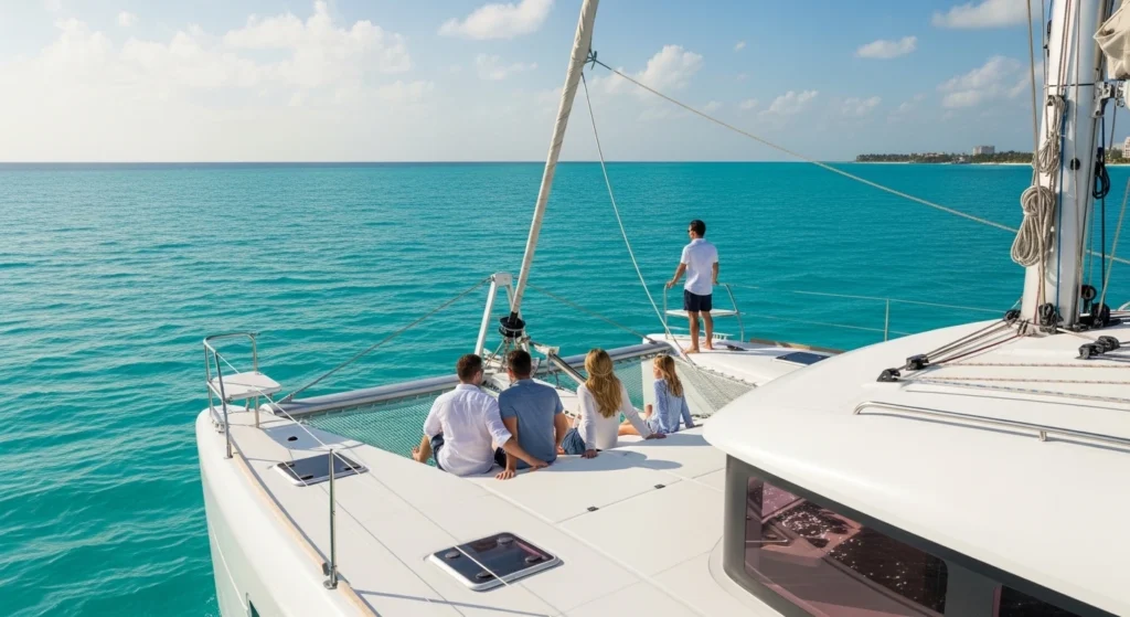 luxury catamaran rental in Cancun with a small group relaxing on deck, enjoying a peaceful and spacious ocean experience under clear blue skies