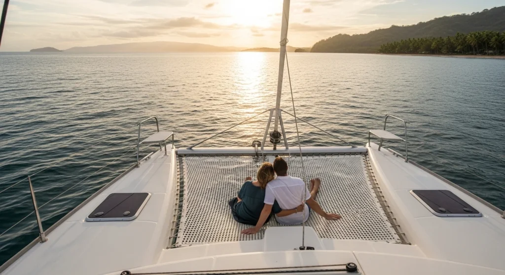 Couple sitting together from behind on a private catamaran in Costa Rica during sunset, holding hands on the front deck with calm ocean views and a tropical coastline, creating a peaceful and romantic anniversary setting, ideal for the best anniversary catamaran in Costa Rica.