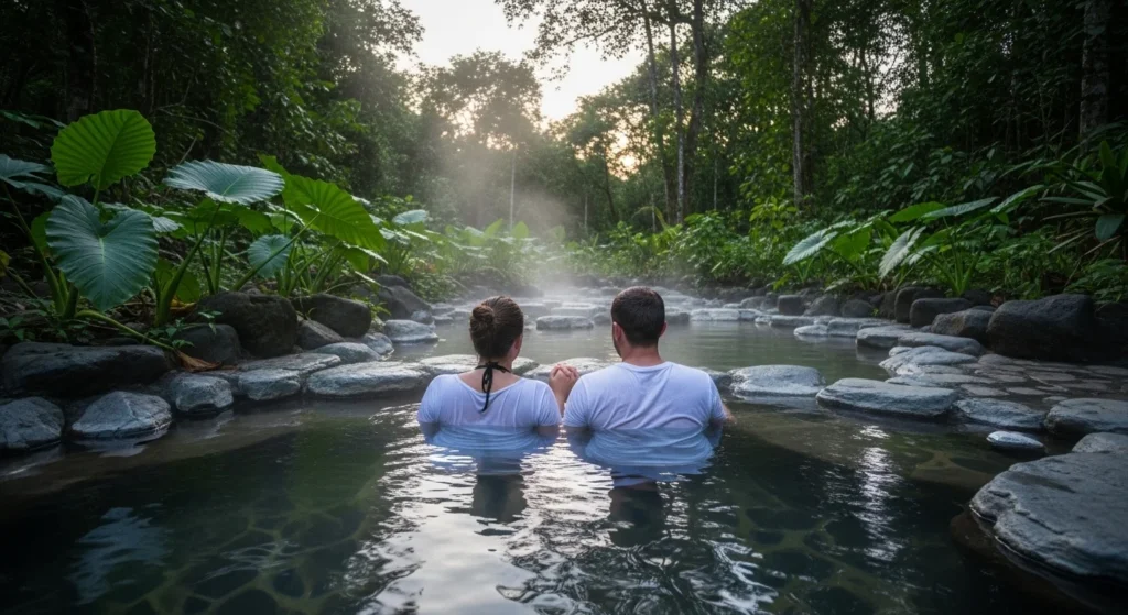 Couple sitting together in a natural hot spring in Costa Rica, surrounded by lush jungle and warm steamy water, holding hands in a peaceful and romantic setting.