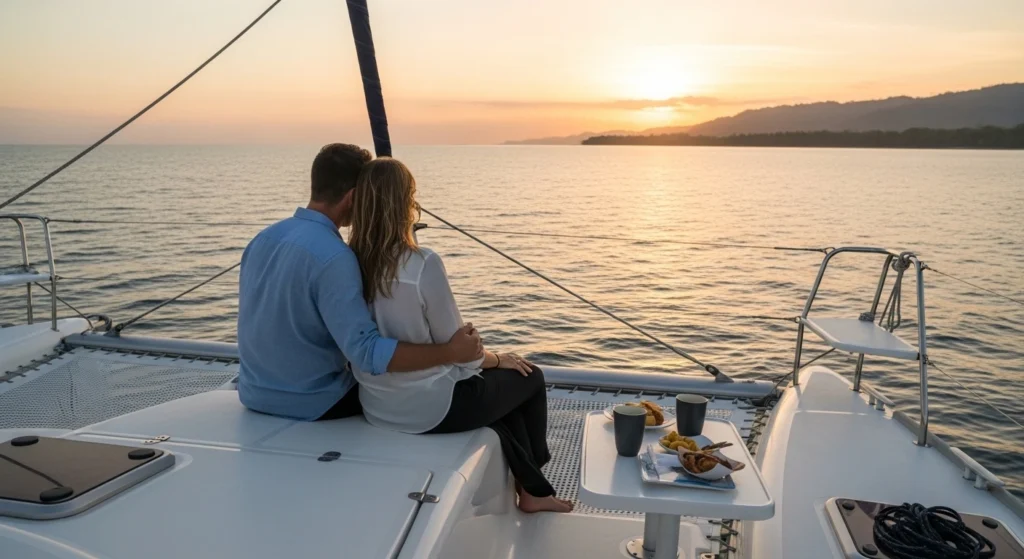 Couple sitting together from behind holding hands on a sunset catamaran cruise in Costa Rica, with calm ocean waters, warm golden sky, and tropical coastline creating a romantic experience for couples.
