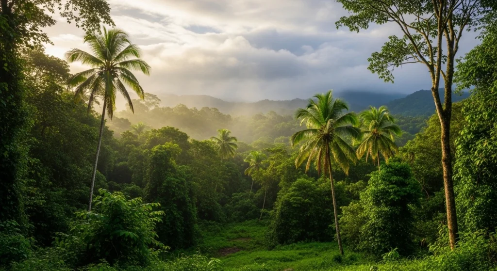 Lush tropical rainforest during the wet season in Costa Rica with vibrant greenery, morning sunshine, and light afternoon rain clouds forming over the hills