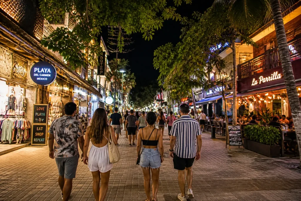 People walking along 5th Avenue in Playa del Carmen at night with shops restaurants and bright street lights