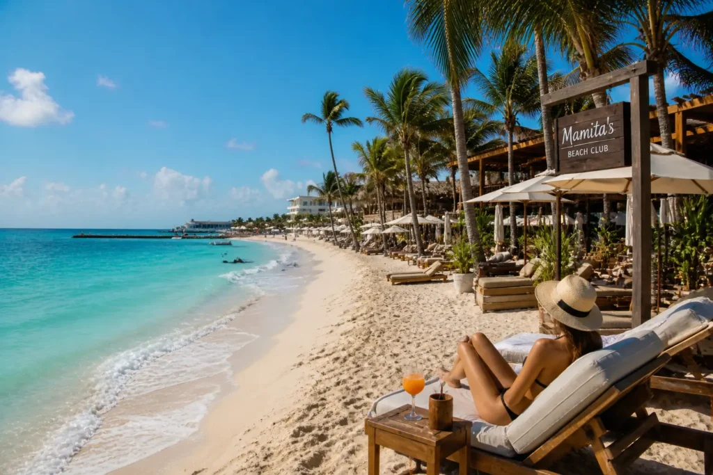 Beach club in Playa del Carmen with turquoise water and relaxing setup showing one of the best things to do in Playa del Carmen