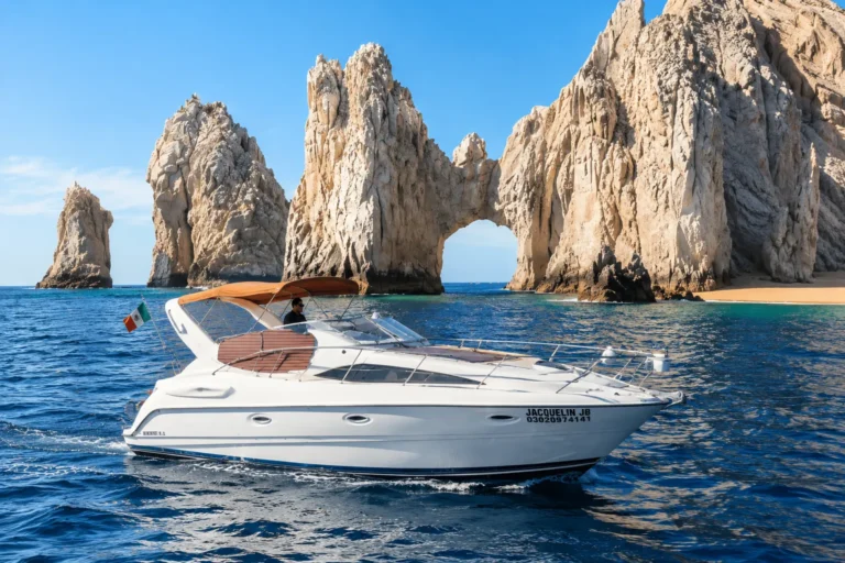 Cabo San Lucas Weather in November with a luxury boat cruising through clear blue waters near the iconic Cabo rock formations.