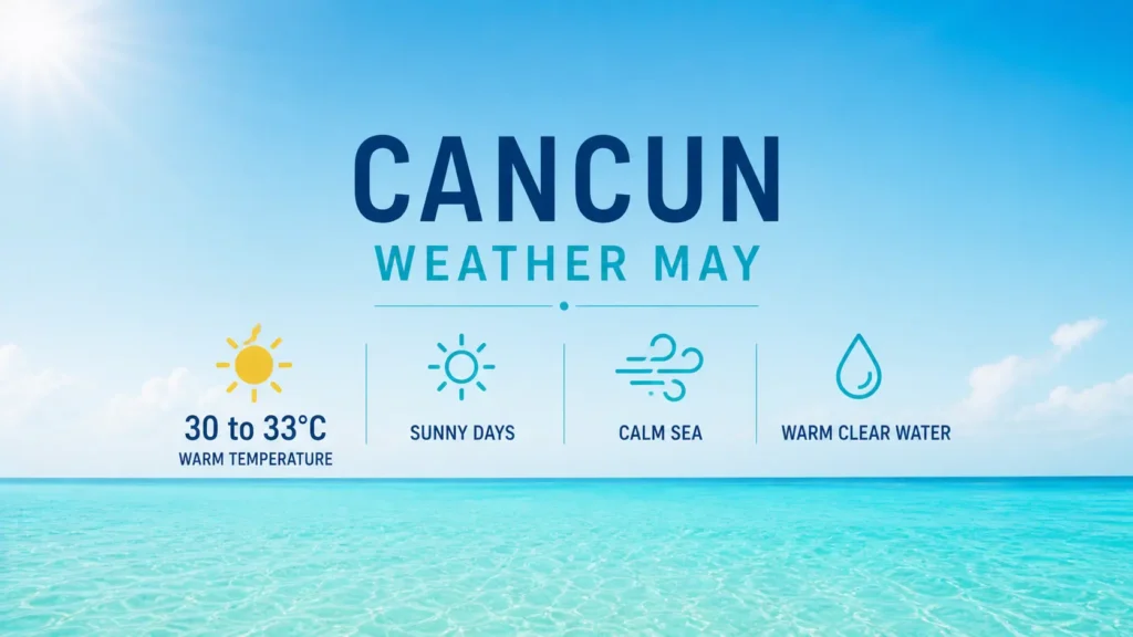 Clean infographic showing Cancun weather May with 30 to 33°C temperature sunny days calm sea and warm clear water over tropical ocean background