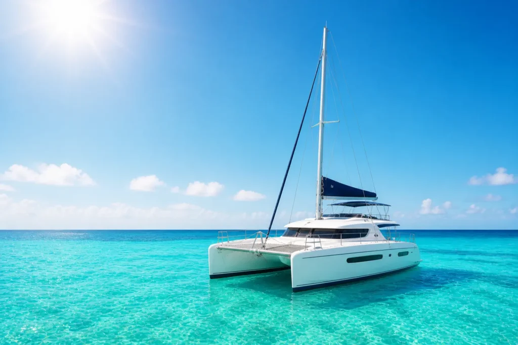 White catamaran on calm turquoise Caribbean water under sunny sky in Cancun during Cancun catamaran tours May