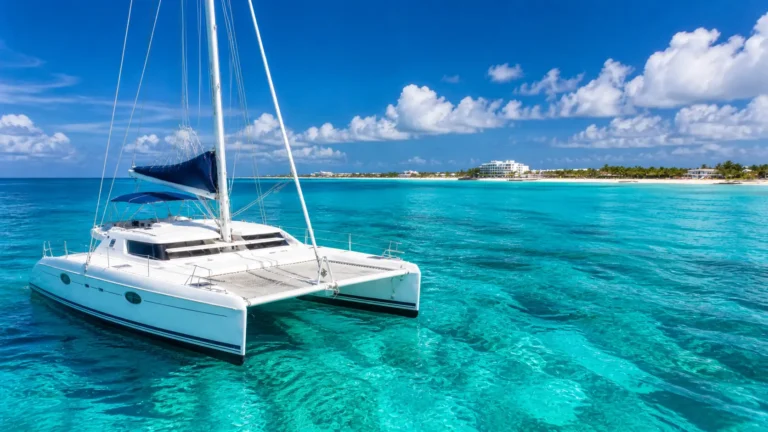 White catamaran sailing on clear turquoise Caribbean water during Cancun catamaran tours May under bright sunny sky with calm sea and distant coastline