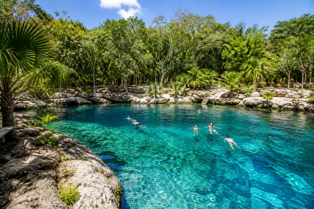 Open cenote in Playa del Carmen with clear turquoise water and people swimming showing one of the best things to do in Playa del Carmen