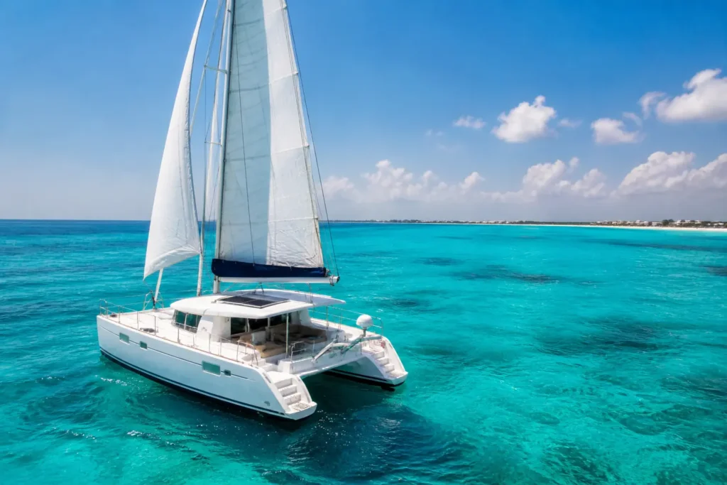 Catamaran sailing in Playa del Carmen from a side aerial view showing one of the best things to do in Playa del Carmen