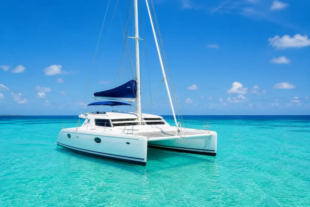 Single white catamaran sailing on calm turquoise Caribbean water in Cancun under clear blue sky ideal for Cancun catamaran tours May