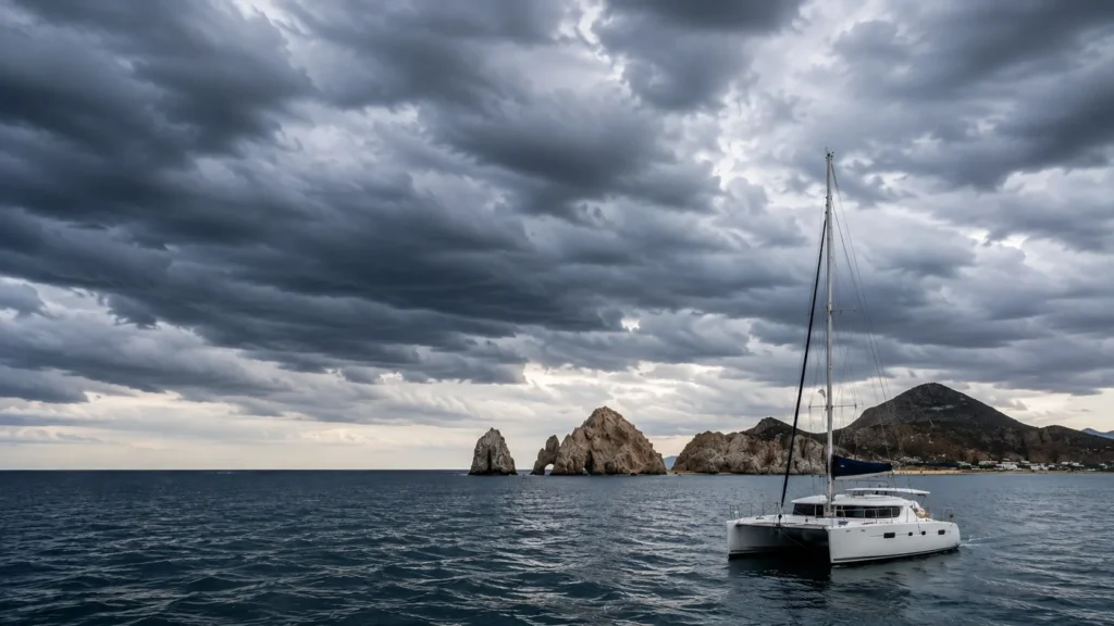 White catamaran sailing on deep blue ocean water beneath heavy clouds with rugged Cabo rock formations in the background.