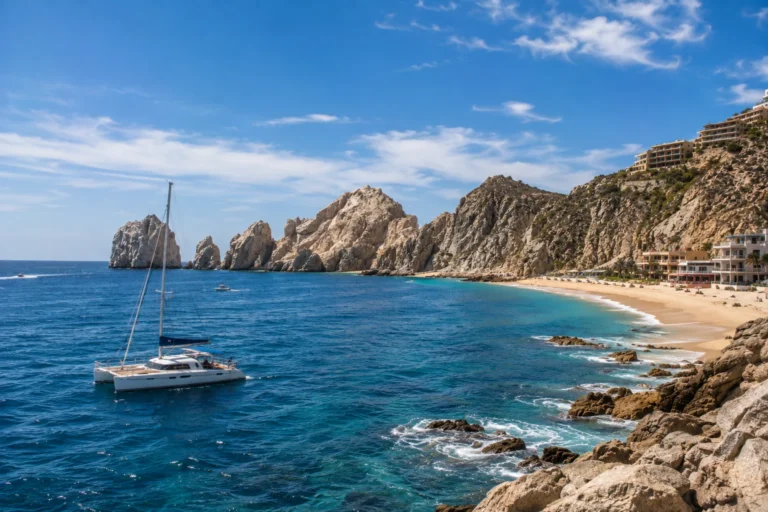 Catamaran sailing along the rocky coastline and turquoise waters of Cabo San Lucas in October