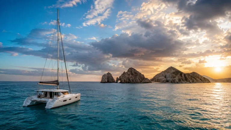 Cabo San Lucas Weather in September with a white catamaran sailing on deep blue ocean water near rocky formations under a partly cloudy sky.