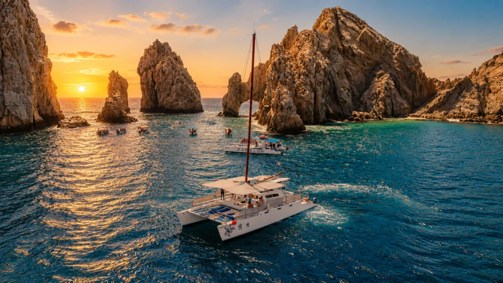 Catamaran sailing near Cabo San Lucas rock formations at sunset with turquoise ocean water and dramatic coastal cliffs.