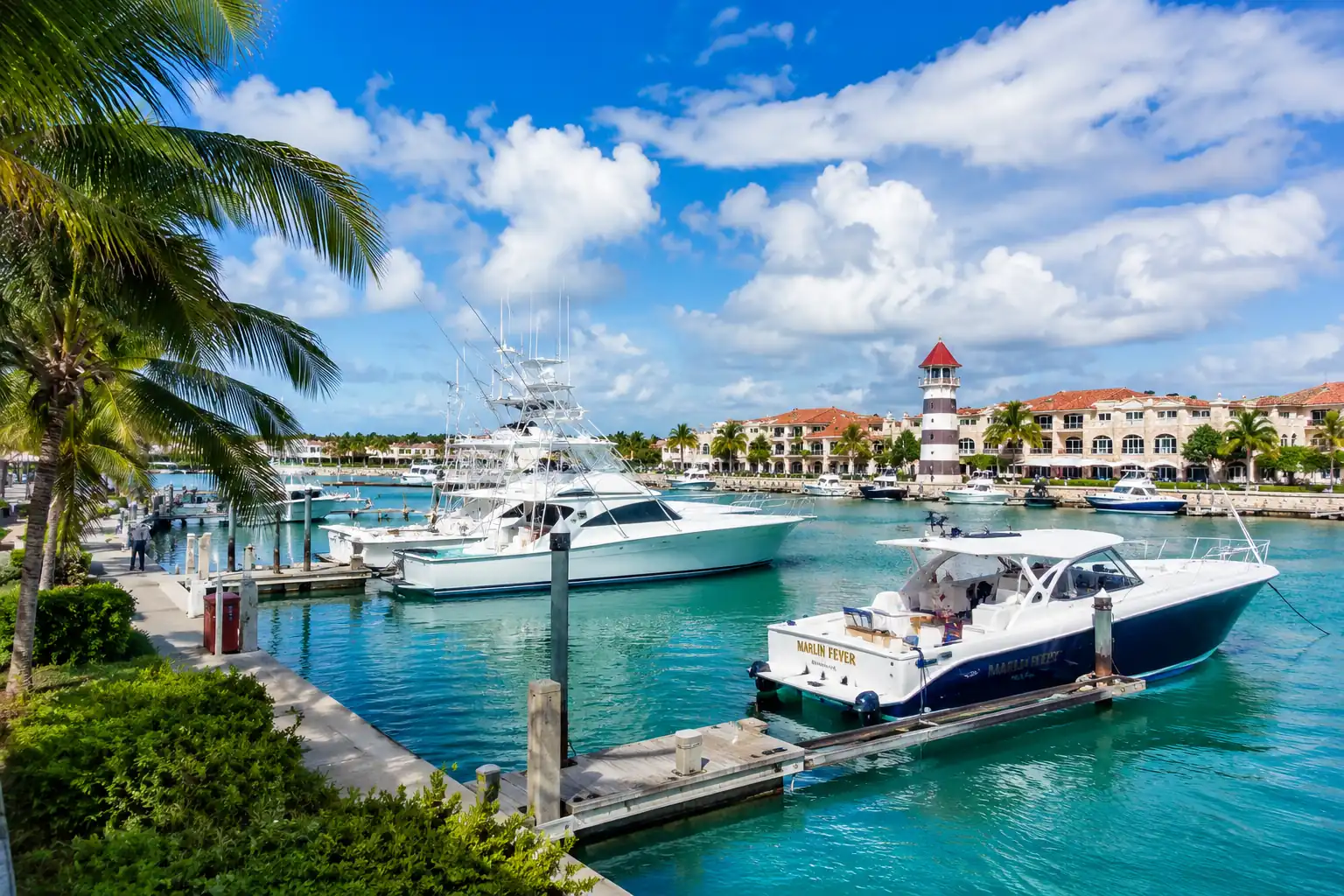 Aerial view of Marina Cap Cana with yachts, private boats, turquoise Caribbean water, rocky coastline, and tropical resort buildings near Sanctuary Cap Cana.