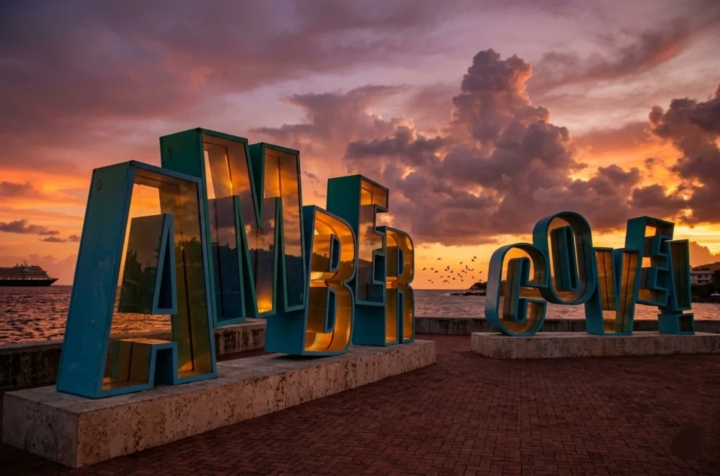 Amber Cove sign at sunset with ocean views, dramatic clouds, and a cruise ship in the background