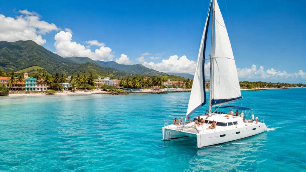 White catamaran sailing on turquoise water near Puerto Plata with palm-lined coast, colorful beachfront buildings, and green mountains in the background.