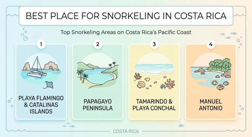 An infographic comparing top Costa Rica Pacific snorkeling areas (Playa Flamingo, Papagayo, Tamarindo, Manuel Antonio).