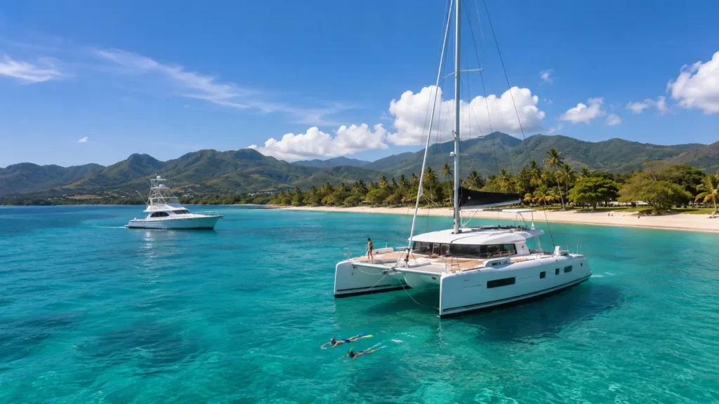 Puerto Plata boat tour scene with a private catamaran, sportfishing boat, snorkelers, turquoise water, sandy beach, palm trees, and green mountains.