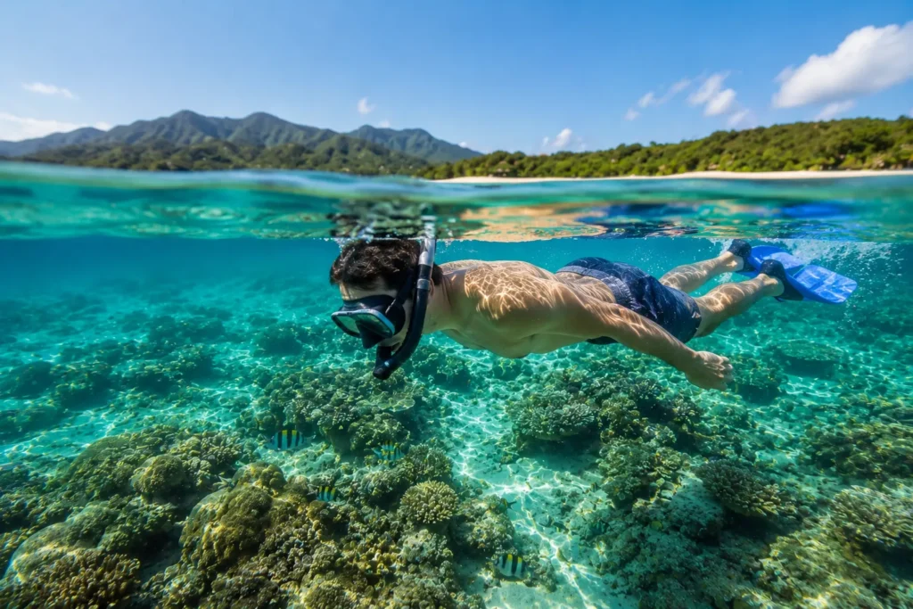 Snorkeling in Puerto Plata Dominican Republic over colorful coral reefs with clear turquoise water and tropical fish.