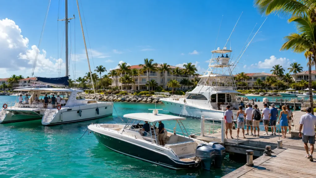 Realistic tropical marina in Cap Cana with private boats, catamaran, fishing charter, turquoise water, and guests boarding for excursions.