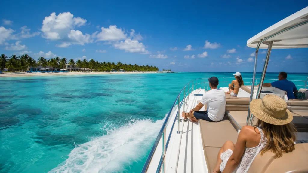 Private boat ride from Bayahibe toward Isla Saona Piscina Natural over turquoise Caribbean water.